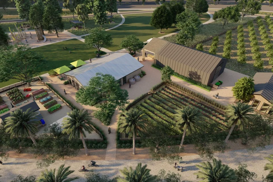 Rendering of the proposed Farm Hub at The Great Park, Ontario